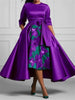 Plus Size Women Round Neck 3/4 Sleeve Satin High Low Dress Bow Floral Print Elegant Formal Wedding Guest Cocktail Dress