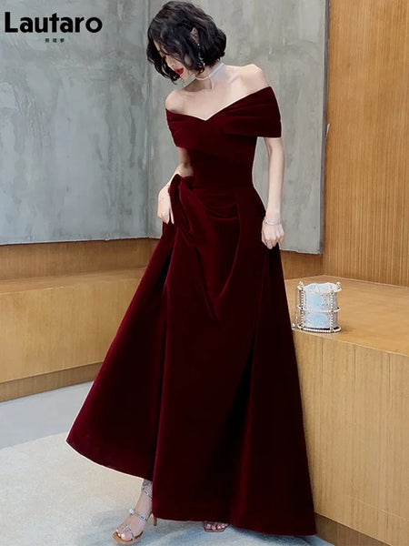 Spring Long Elegant Wine Red Soft Velvet Evening Party Wedding Dresses for Women Off Shoulder Maxi Dress