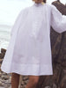 Women's White Stand Collar Pleated Mini Dresses Long Puff Sleeves Buttoned Oversized Casual Cotton Shirts Dress
