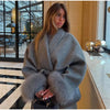 Elegant Lace Up Woolen Short Coat Solid Loose Lapel Furry Long Sleeve Belt Waist Jacket Spring Autumn Lady Chic Cardigan