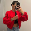 Women's Cropped Loose Jackets Red Grey Off White Black Outerwear Oversized Zip Up Long Sleeve Top Chic Bomber Baseball Coat