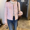 French White Tweed Crop Jacket for Women Autumn Elegant Slimming Decor Button Coat Woman Round Neck Long Sleeve Outerwear