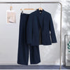 Chic Solid Stand Neck Blazer Jacket Pant Set Women Full Sleeve Shoulder Pads Coat Wide Leg Pants Autumn Commute Outfit