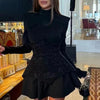 Elegant Sequins Patchwork High Waist A-Line Dress Women O-neck Slim Mini Dress Casual Long Sleeve Pleated Party Dresses