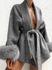 Women Fur Splicing Grey Woolen Coat Casual Belt Full Sleeve Lapel Loose Cardigan Outwear Lady Winter Highstreet Jacket