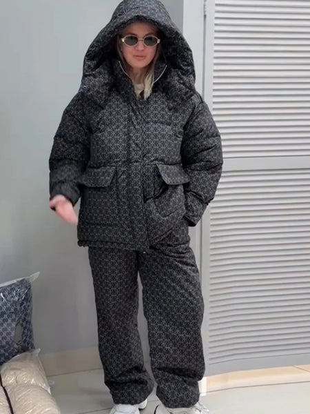 Printed Drawstring Oversized Pockets Puffer Suit Winter Women Warm Padded Coat Set Warm Casual Lady Cotton-Padded Outfit