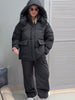 Printed Drawstring Oversized Pockets Puffer Suit Winter Women Warm Padded Coat Set Warm Casual Lady Cotton-Padded Outfit