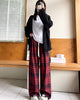 Women's High Waist Plaid Trousers Autumn Winter Korean Retro Straight Pants Loose Fit Drawstring Wide Leg Trouser Mujer