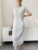 White Textured Pleated Women's Dress Raglan Sleeve Round Neck Side Slit Casual Formal Sheer Dresses Spring