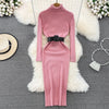 Elegant Turtleneck Long Sleeve Knit Soft Tight Pencil Dress with Belt Slim Warm Sweater Vestido Sexy Women Winter Robe