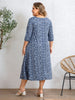 Plus Size Women's Blue White Floral Dress Tie Round Neck 3/4 Sleeve Loose