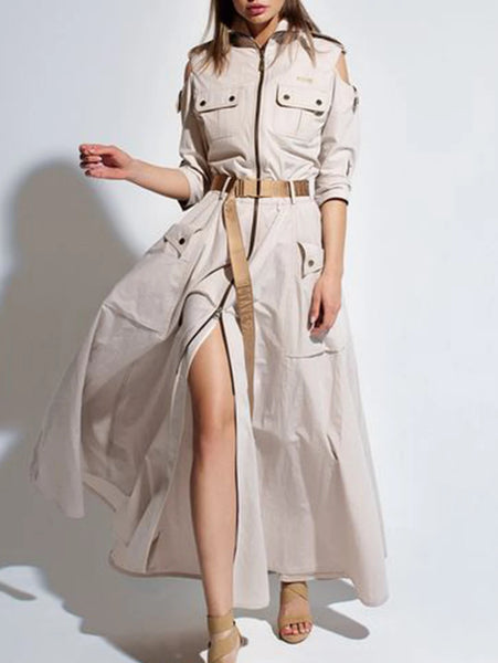 Women Cargo Zipper Fly Dress Pockets Turn Down Collar Long Sleeve High Street Cut Out Button Long Dress with Belt Casual Dresses