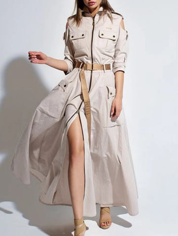 Women Cargo Zipper Fly Dress Pockets Turn Down Collar Long Sleeve High Street Cut Out Button Long Dress with Belt Casual Dresses