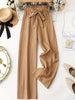 Women's Khaki Textured Wide-Leg Pants, High-Waisted Paperbag Waist with Tie, Draped Straight-Leg Trousers