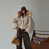 Winter Faux Fur Collar Woolen Coat Women Vintage Thick Hooded Long Sleeve Oversized Warm Jacket Lady High Streetwear