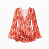 Sexy Floral Printed Mini Dress Women V-neck Flared Sleeve Waist Cinching Ruffle Bodycon Vestido Lady Party Vacation Gowns