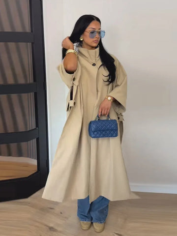 Stand Collar Oversized Long Trench Coat Women Street Single Button Half Sleeve Side Split Loose Jackets Chic Lady Outerwears