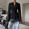 One Button Lace Blazer Women Black Slim V-neck Full Sleeve Shoulder Pads Jacket Fall Office Lady All-match Outwear