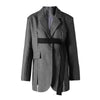 Contrast Color Ribbon Blazer Women's Notched Collar Loose Single Button Long Sleeves Split Suit Jacket