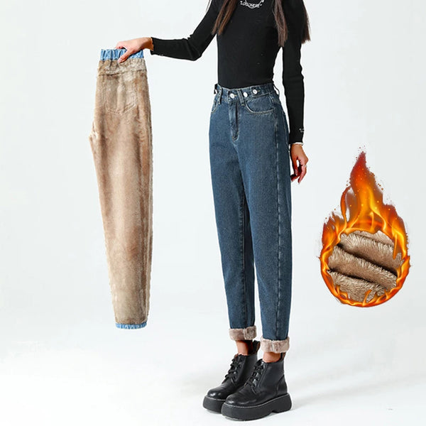 Winter Female High Waist Grunge Thicken Jeans Girls Y2k Clothes Thermal Harem Pants Women Streetwear Black Blue Trousers