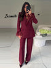 Chic Feather Blazer Pants Set Women Lapel Shoulder Pads Full Sleeve Jacket Pocket Straight Pant Spring Autumn Lady Suit