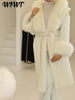 White Fur Patchwork Lace-up Overcoats Women's Street V-neck Full Sleeve Long Woolen Coat Winter Ladies Thick Outwear