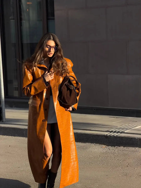 Brown Crocodile Embossed Faux Leather Trench Coat Lapel Single Breasted Straight Front Pockets Autumn Winter Fit Jacket