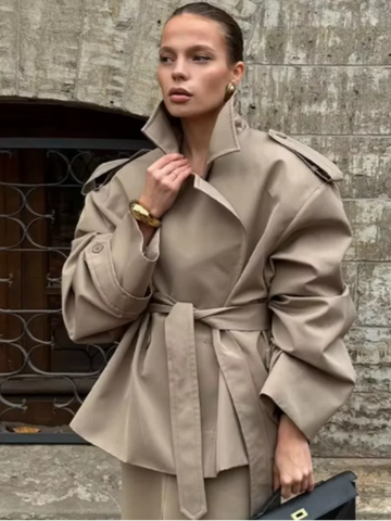 Women Lace Up Cropped Trench Coat Lapel Long Sleeves Wide Shoulder Windbreaker Jacket Lady Spring Commuting Outwear