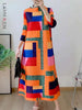 Contrast Color Printing Pleated Dress Women Round Neck Long Sleeves Dresses Party Spring 2AA1751