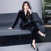 Temperamnet Velvet Jumpsuit For Women Elegant V-neck Long Sleeve Slim Wide-Leg Pants with Brooch