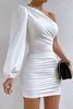 Irregular One Shoulder Short Dresses Women Loose Sleeves Diagonal Collar Chic Design Dress Autumn Sexy Wrap Hip Ruched Dress