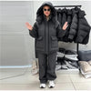 Print Hooded Puffer Coat Set Women Quilted High Neck Full Sleeve Zip Pockets Jacket Wide Leg Pants Winter Warm Sets