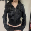 Women Faux Leather Jackets Solid Short Coat Zipper Pocket Turn Down Collar Long Sleeve Waist Cinched Slim Streetwear Autumn