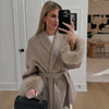 Elegant Lace Up Woolen Coat Women Furry Lapel Fur Patchwork Belt Loose Short Jacket Female Lady Autumn Winter Cardigans
