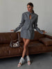 Women Grey Stand‑collar Keyhole Blazer Mini Skirt 2 Piece Set Chic Long‑sleeve Fitted Suit Lady Street Commute Outwear