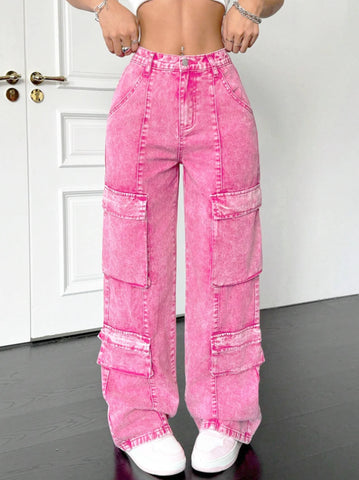 Pink Cotton Women's Wide-Leg Loose-Fitting Jeans, Multi-Pocket Y2K Style Pink Jeans