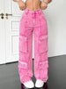 Pink Cotton Women's Wide-Leg Loose-Fitting Jeans, Multi-Pocket Y2K Style Pink Jeans
