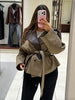 Women Cropped Trench Coat Faux Leather Spliced Epaulets Belted Waist Loose Fit Khaki Short Jacket Vintage Ladies Outerwear