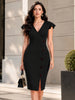 Women Deep V Neck Ruffle Vintage Sexy Cocktail Party Button Wrap Spilt Knee Length Sheath Bodycon Pencil Slim Dress