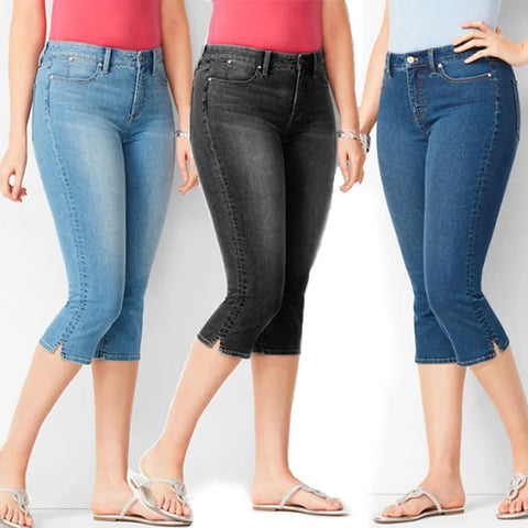 Women Elasticity Slim Casual Denim Capri Pants Literary Vintage All-match Solid Color Pocket Mid-Rise Skinny Lady Jeans
