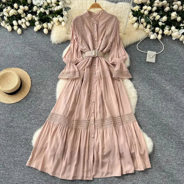 Chic Lace Slim Stand Collar Long Sleeve Spliced Single Breasted Dress High Street Vintage Evening Women Autumn Winter Clothing