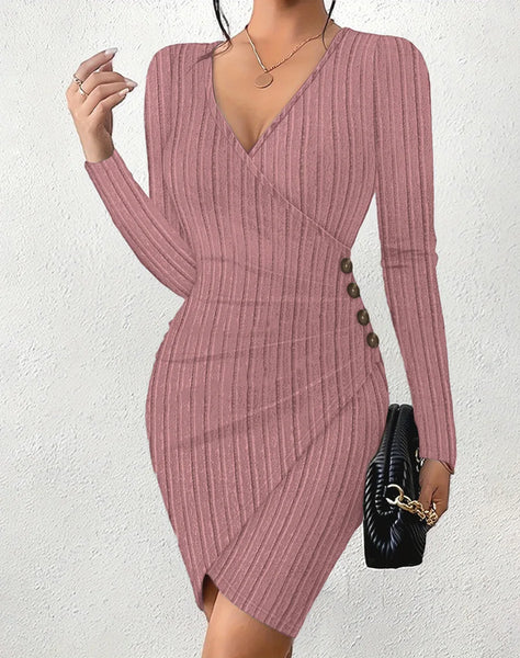 Women's V-Neck Long Sleeve Bodycon Dress - Ribbed Knit Mini Dress with Button Detail Sexy Wrap Style for Party & Night Out