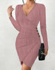 Women's V-Neck Long Sleeve Bodycon Dress - Ribbed Knit Mini Dress with Button Detail Sexy Wrap Style for Party & Night Out