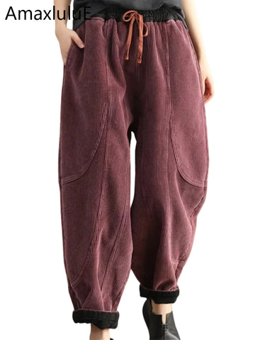 Amax luluE Winter Corduroy Pants Womens Leisure Loose Vintage Fur Harem Trousers Ladies Classic Elegant Clothes