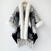 Plus Size Women's Poncho Knitted Cashmere Shawl Coat Warm Autumn Winter Lady Pashmina Wrap with Fur Collar Cozy Wool Scarf Cloak
