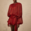 French Style Bubble Sleeve Mini Dress Woman Ruffle Solid Bright Satin Party Dress Spring Tie-up O Neck Pleated Dress