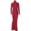 Turtleneck Long Sleeve Bodycon Dress Women Tight Elastic Lace-up Maxi Dresses Winter Evening Party Curvy Robe Red Brown