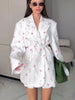 Flowers Print Loose Suit Collar Coat For Women Elegant Belted Waist Cinching Suit Jacket Female Street Chic Top