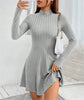 Women's Slim Fit Half High Collar Waist Cinched A-Line Skirt Long Sleeved Pit Stripe Dress