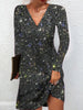 Women's Silver Sequins Evening Dress Long Sleeve Solid V Neck Sparkly Party Mini Dress Elegant Autumn Prom Dresses